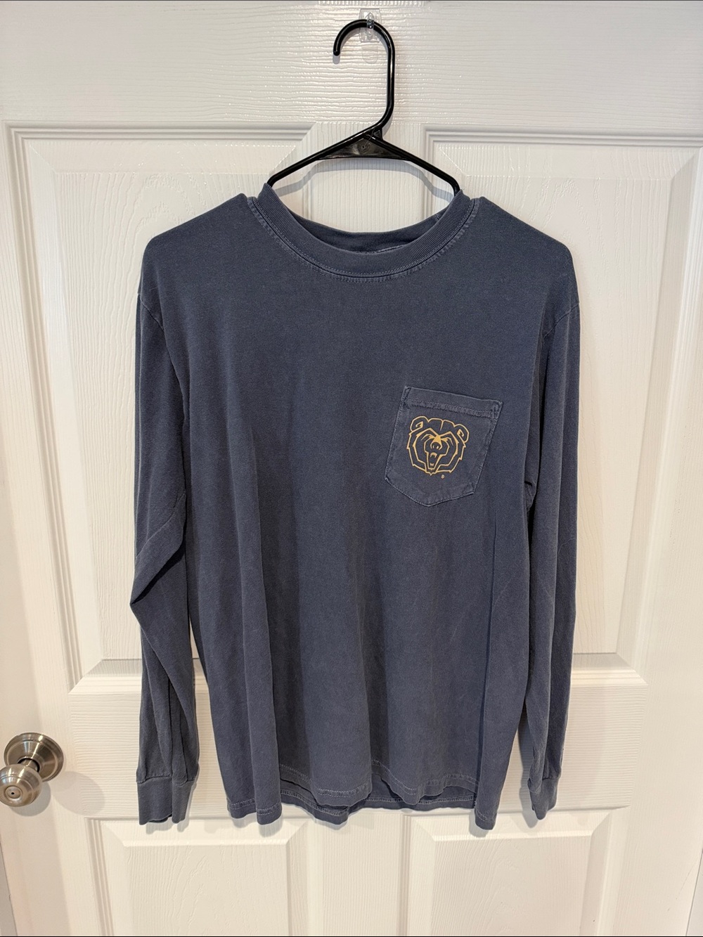 Comfort Colors Navy Long Sleeve Pocket Tee with Gold Bear Patch